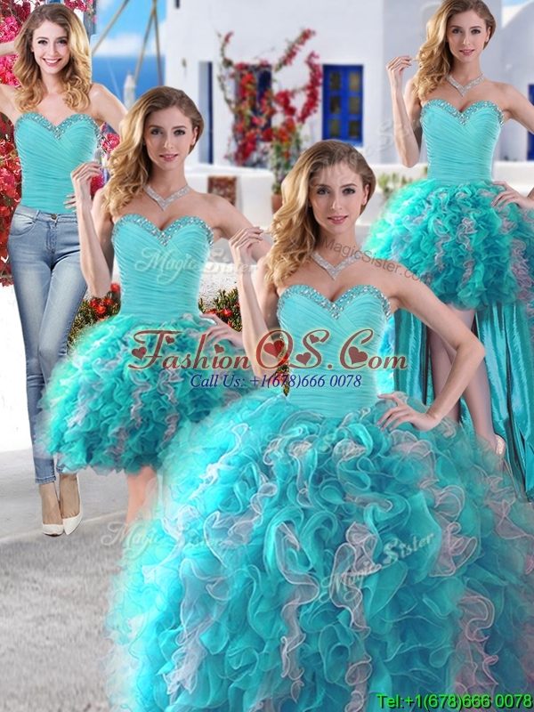 Discount Baby Blue and White Detachable Quinceanera Dresses with Beading and Ruffles