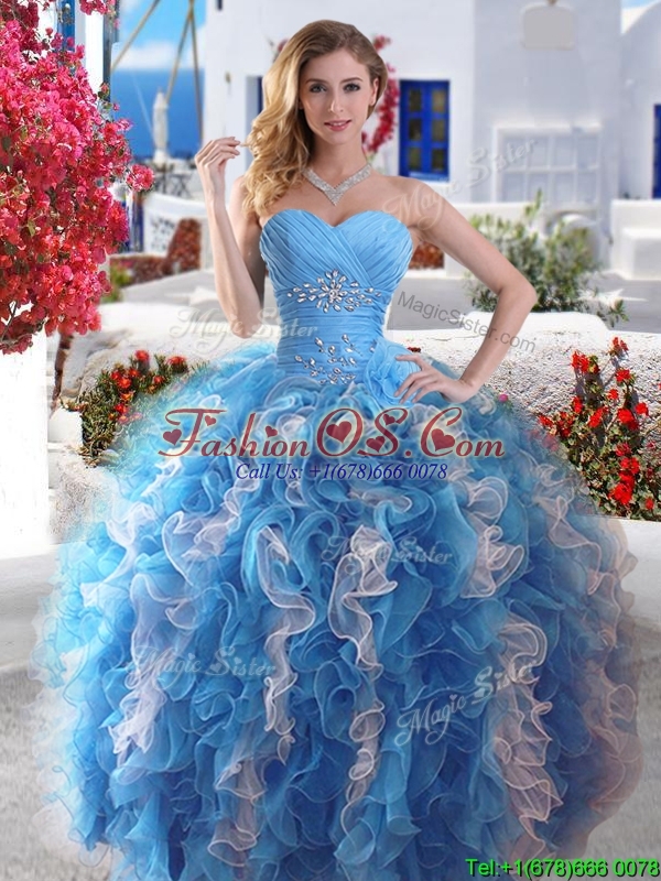 Gorgeous Beaded and Ruffled Detachable Quinceanera Dresses in Blue and White