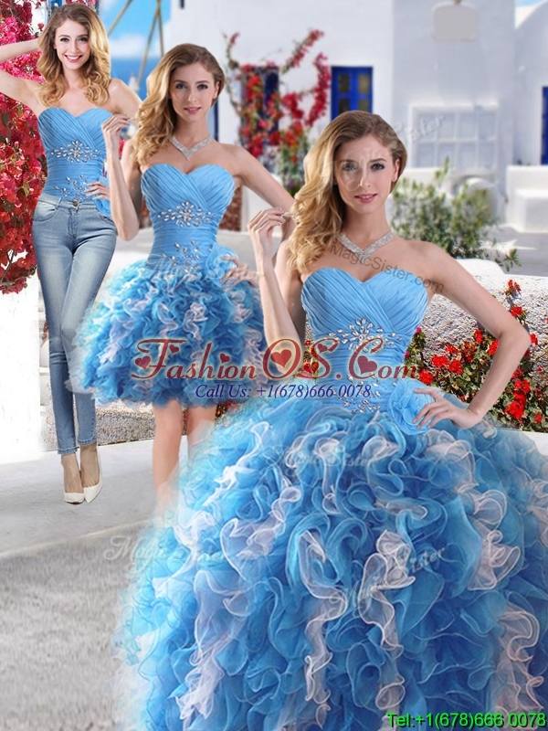 Gorgeous Beaded and Ruffled Detachable Quinceanera Dresses in Blue and White