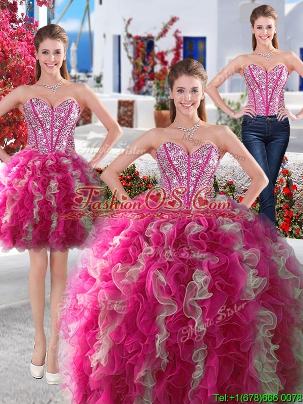 Gorgeous Hot Pink and White Detachable Quinceanera Dresses with Beading and Ruffles