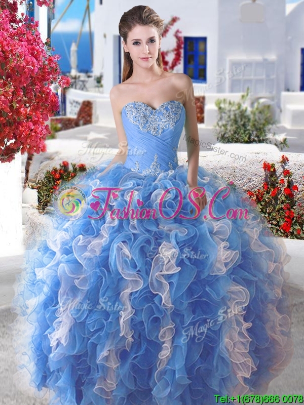 Pretty Blue and White Organza Detachable Sweet 16 Dresses with Appliques and Ruffles