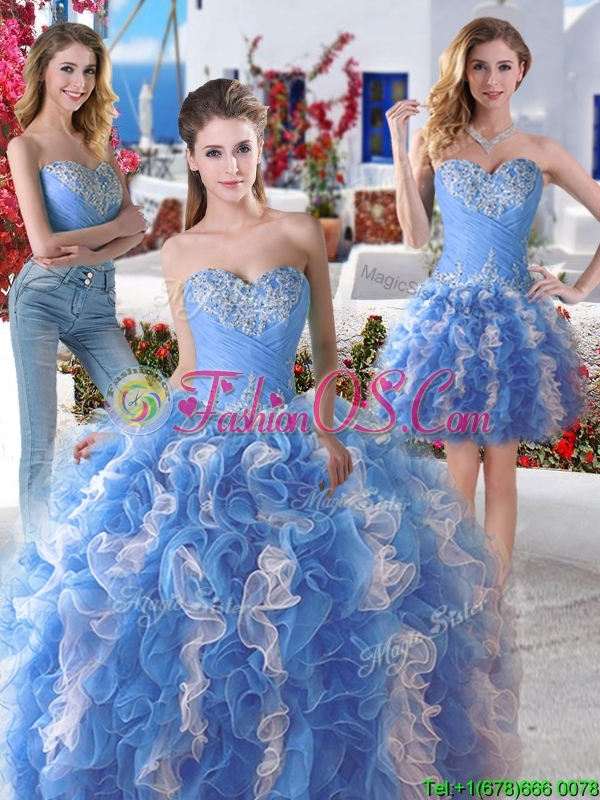 Pretty Blue and White Organza Detachable Sweet 16 Dresses with Appliques and Ruffles