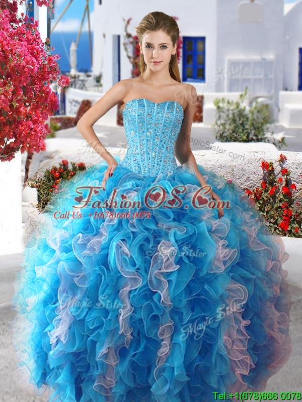 Exquisite Baby Blue and White Detachable Sweet 16 Dresses with Beading and Ruffles