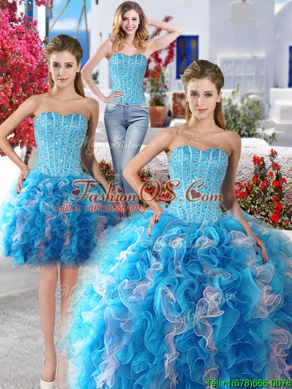Exquisite Baby Blue and White Detachable Sweet 16 Dresses with Beading and Ruffles