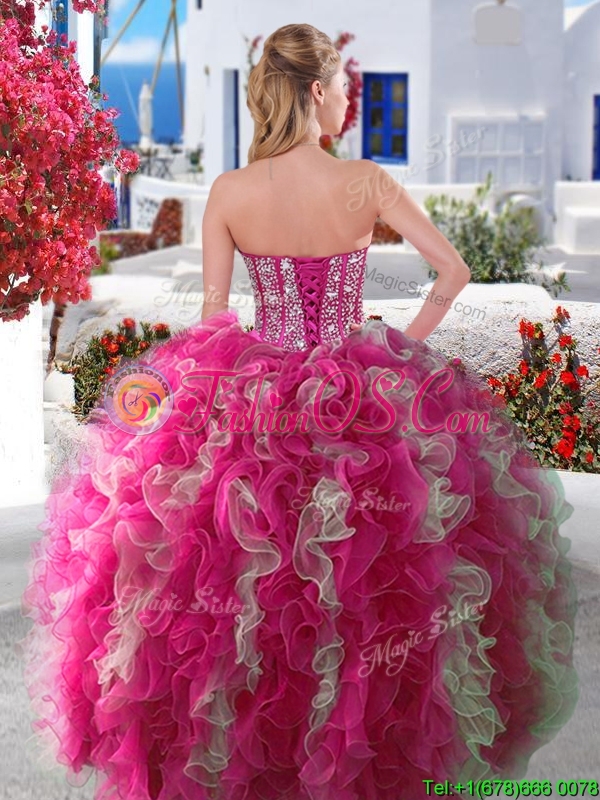 Wonderful Big Puffy Beaded and Ruffled Detachable Quinceanera Dresses in Organza
