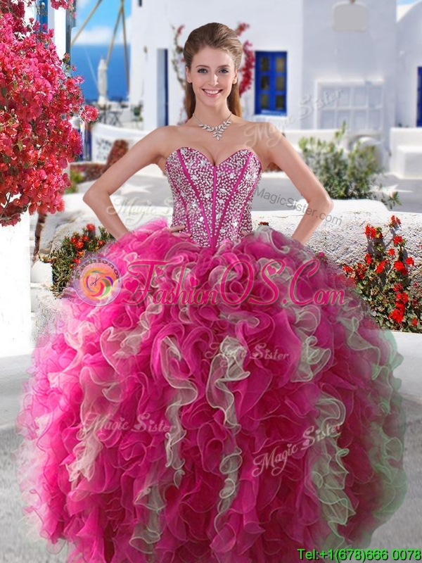 Wonderful Big Puffy Beaded and Ruffled Detachable Quinceanera Dresses in Organza