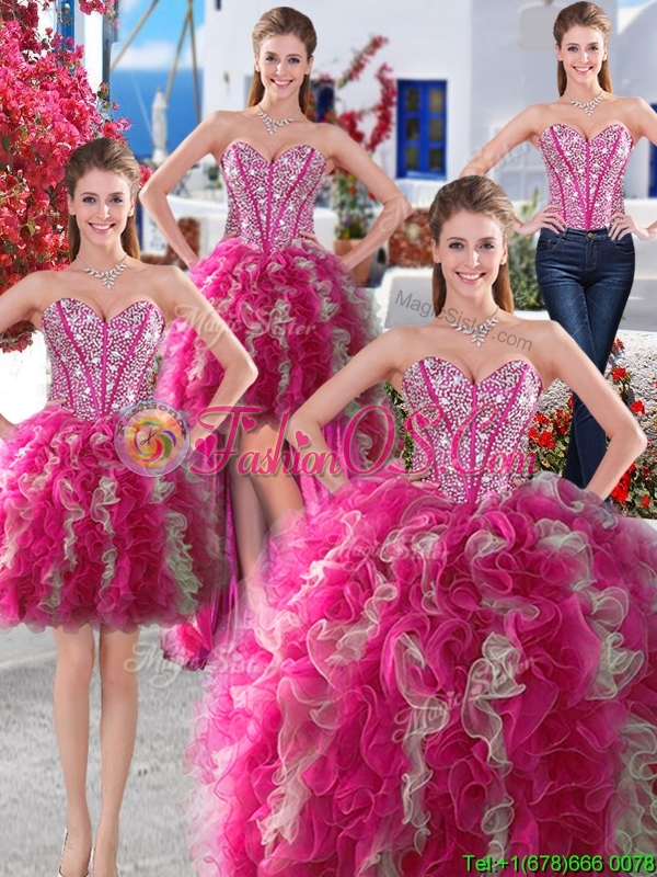 Wonderful Big Puffy Beaded and Ruffled Detachable Quinceanera Dresses in Organza