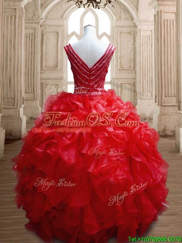 Sexy Deep V Neckline Red Quinceanera Dress with Beading and Ruffles