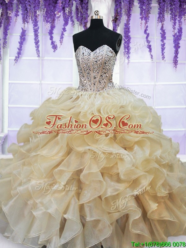 2017 Pretty Visible Boning Beaded Ruffled Quinceanera Dress in Champagne