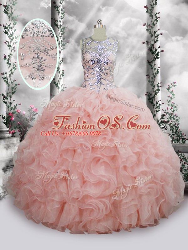 Latest Baby Pink Organza Lace Up Scoop Sleeveless Floor Length Quinceanera Dresses Beading and Ruffles