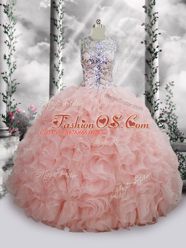Latest Baby Pink Organza Lace Up Scoop Sleeveless Floor Length Quinceanera Dresses Beading and Ruffles