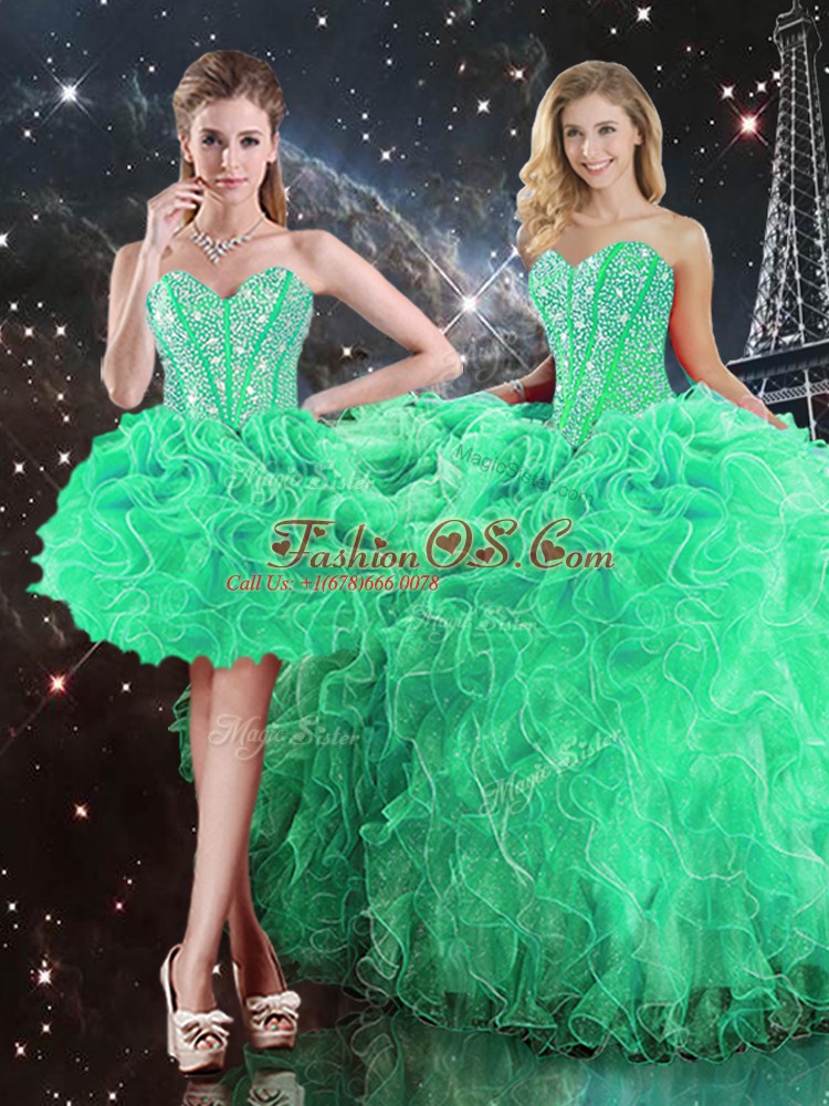 Beading and Ruffles Vestidos de Quinceanera Green Lace Up Sleeveless Floor Length