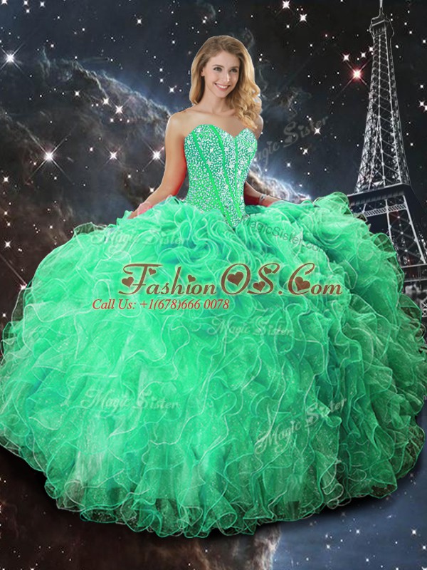 Beading and Ruffles Vestidos de Quinceanera Green Lace Up Sleeveless Floor Length