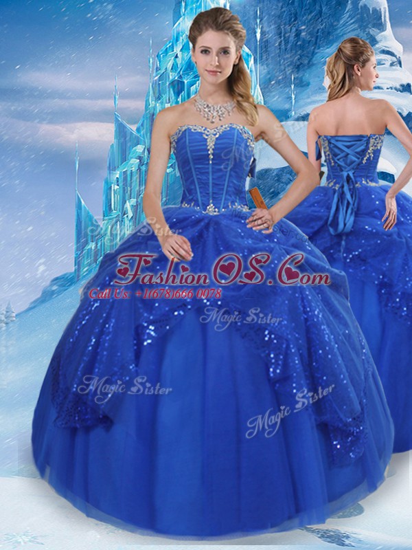 Glamorous Royal Blue Tulle Lace Up Quinceanera Dresses Sleeveless Floor Length Beading and Pick Ups
