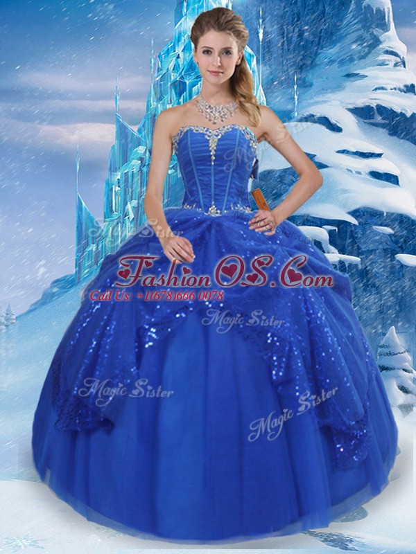 Glamorous Royal Blue Tulle Lace Up Quinceanera Dresses Sleeveless Floor Length Beading and Pick Ups