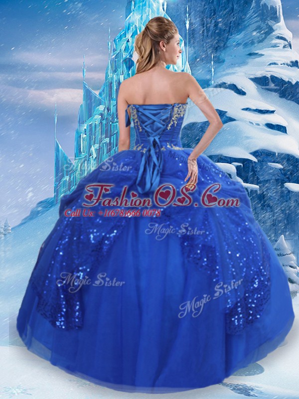 Glamorous Royal Blue Tulle Lace Up Quinceanera Dresses Sleeveless Floor Length Beading and Pick Ups