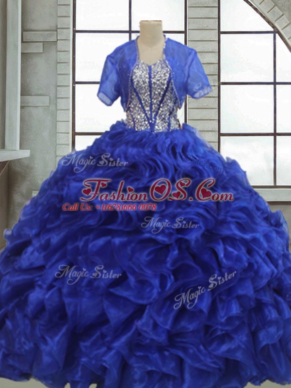 Royal Blue Ball Gowns Sweetheart Short Sleeves Organza Floor Length Lace Up Ruffles Quinceanera Gowns