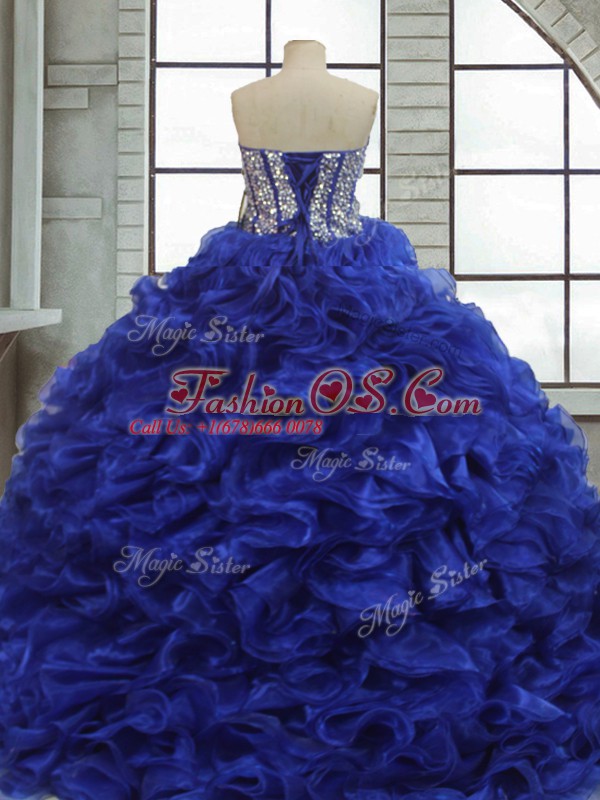 Royal Blue Ball Gowns Sweetheart Short Sleeves Organza Floor Length Lace Up Ruffles Quinceanera Gowns