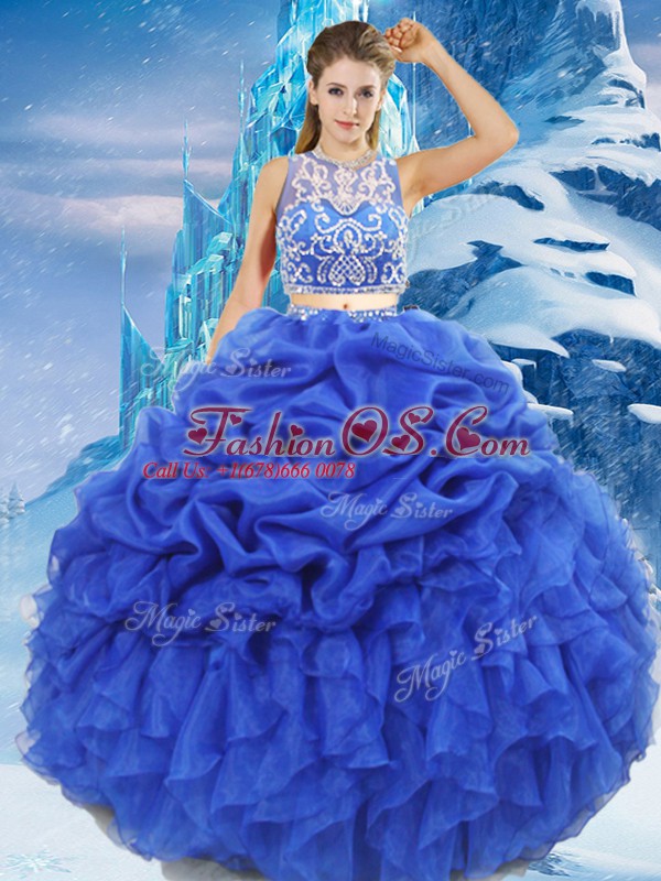 Royal Blue Scoop Neckline Beading and Ruffles and Pick Ups Sweet 16 Quinceanera Dress Sleeveless Zipper