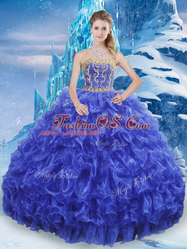 Colorful Royal Blue Ball Gowns Organza Strapless Sleeveless Beading and Appliques and Ruffles Floor Length Lace Up 15 Quinceanera Dress