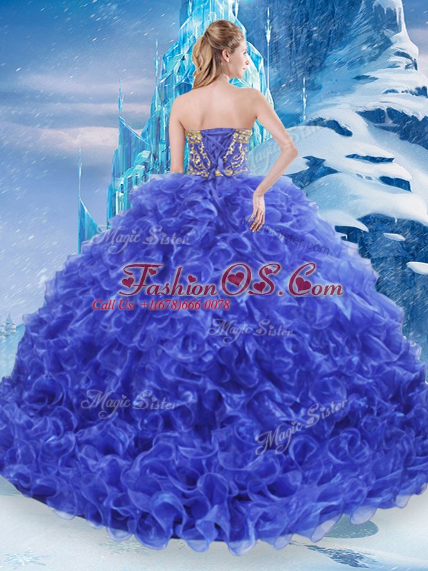 Colorful Royal Blue Ball Gowns Organza Strapless Sleeveless Beading and Appliques and Ruffles Floor Length Lace Up 15 Quinceanera Dress