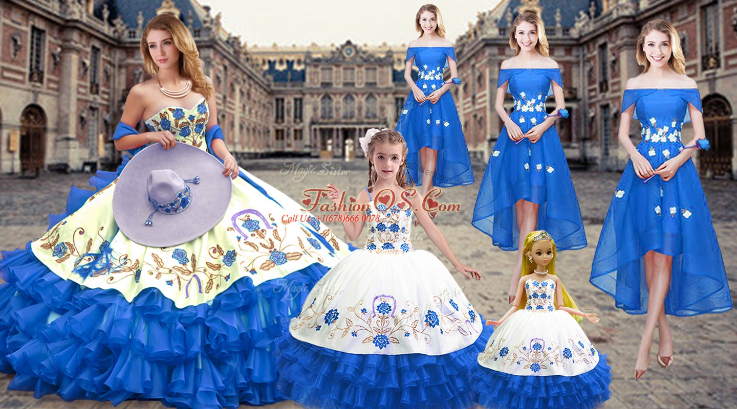 Fashionable Sleeveless Organza Floor Length Lace Up Sweet 16 Quinceanera Dress in Royal Blue with Embroidery and Ruffled Layers