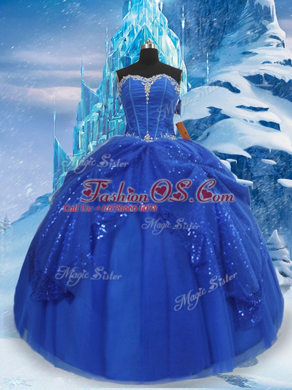 Super Royal Blue Sweetheart Neckline Beading and Pick Ups Quinceanera Gowns Sleeveless Lace Up