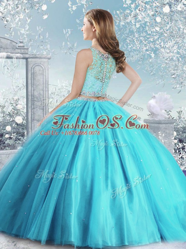 Sumptuous Blue Tulle Clasp Handle Quinceanera Gowns Sleeveless Floor Length Beading and Sequins