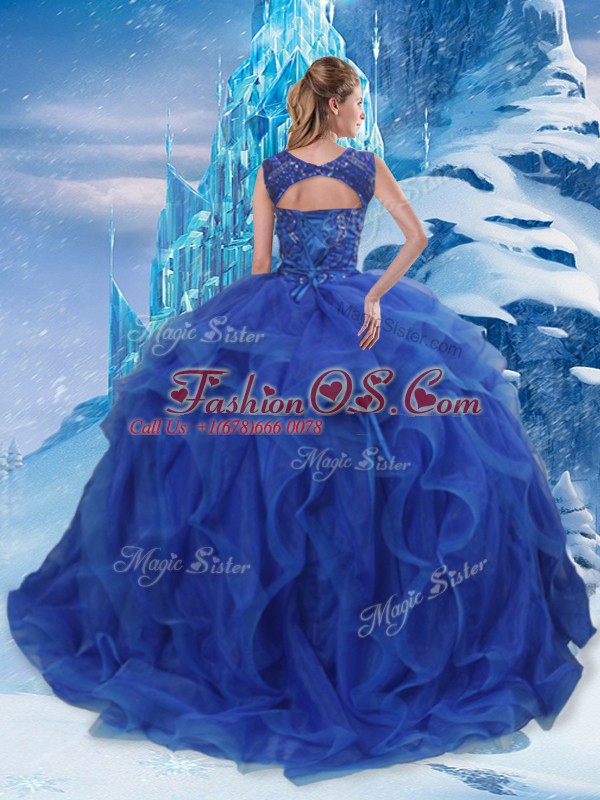 Pretty Beading and Ruffles Quinceanera Dress Blue Lace Up Sleeveless Floor Length