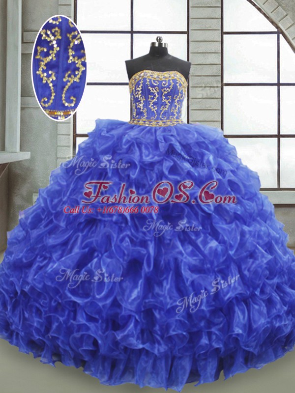 Royal Blue Organza Lace Up Ball Gown Prom Dress Sleeveless Floor Length Beading and Appliques and Ruffles