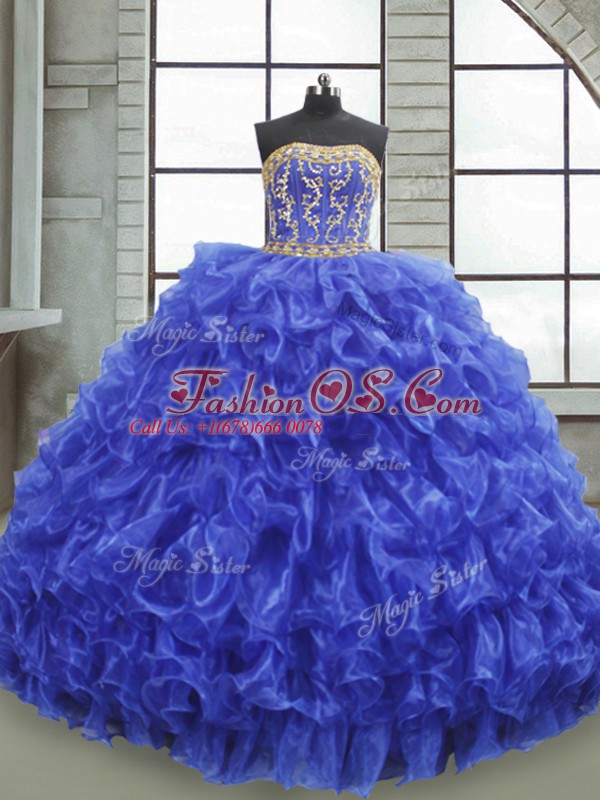 Royal Blue Organza Lace Up Ball Gown Prom Dress Sleeveless Floor Length Beading and Appliques and Ruffles