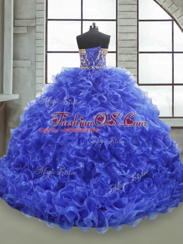 Royal Blue Organza Lace Up Ball Gown Prom Dress Sleeveless Floor Length Beading and Appliques and Ruffles