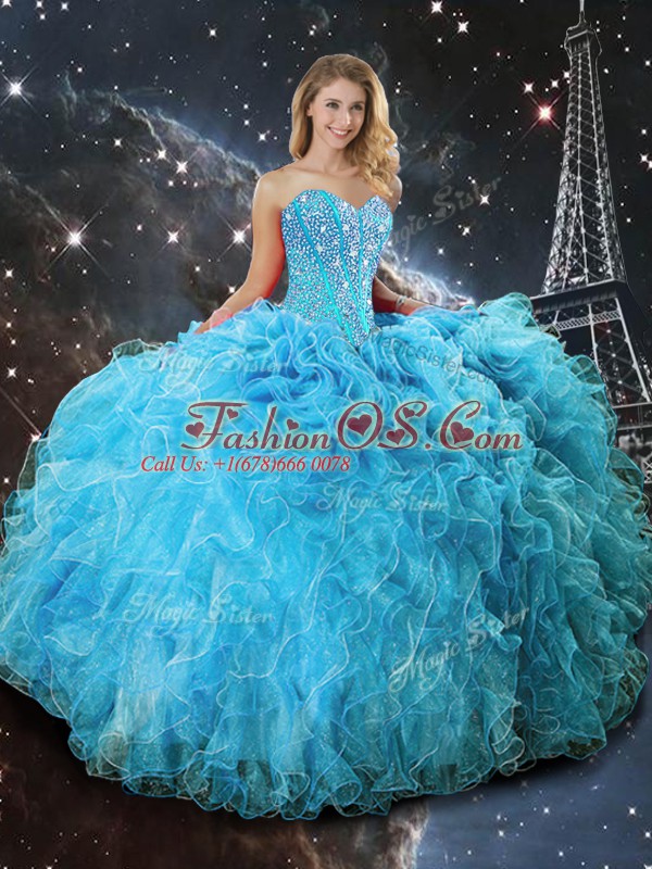 Decent Floor Length Lace Up Quinceanera Dresses Aqua Blue for Military Ball and Sweet 16 and Quinceanera with Beading and Ruffles