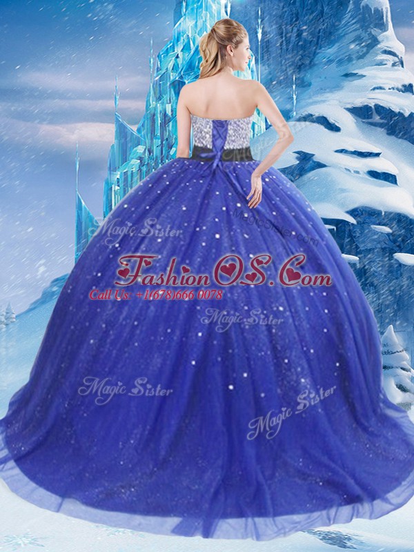 Pretty Strapless Sleeveless Quinceanera Dresses Floor Length Beading and Sequins Royal Blue Tulle