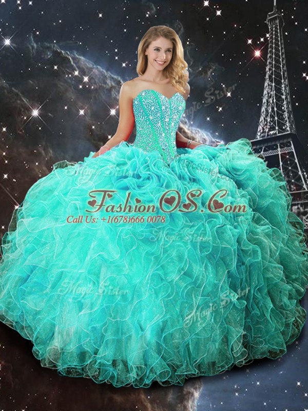 Sweetheart Sleeveless Organza Quince Ball Gowns Beading and Ruffles Lace Up