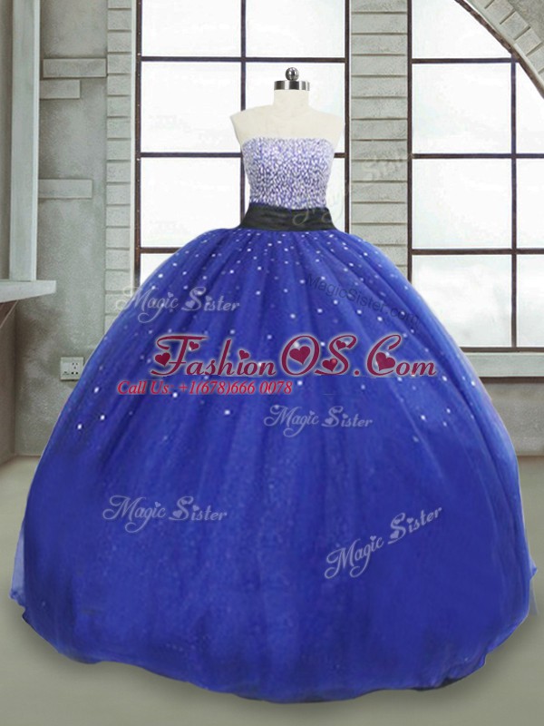 Romantic Sleeveless Tulle Floor Length Lace Up 15th Birthday Dress in Royal Blue with Beading and Sequins