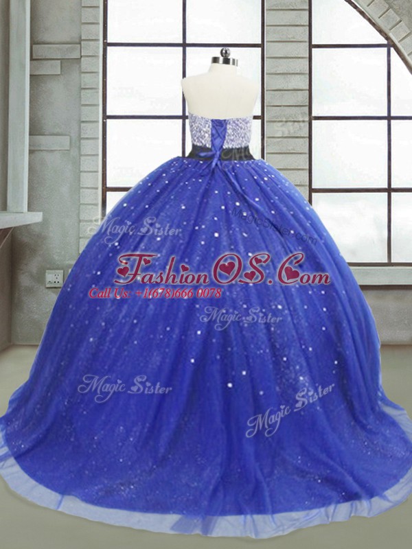 Romantic Sleeveless Tulle Floor Length Lace Up 15th Birthday Dress in Royal Blue with Beading and Sequins
