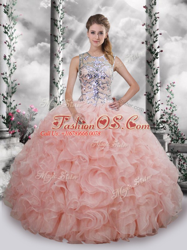 Scoop Sleeveless Organza Sweet 16 Dress Beading and Ruffles Lace Up
