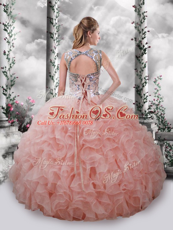 Scoop Sleeveless Organza Sweet 16 Dress Beading and Ruffles Lace Up