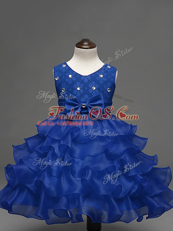 Royal Blue Zipper Little Girls Pageant Dress Wholesale Lace and Ruffled Layers and Bowknot Sleeveless Knee Length