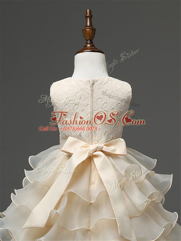 Royal Blue Zipper Little Girls Pageant Dress Wholesale Lace and Ruffled Layers and Bowknot Sleeveless Knee Length