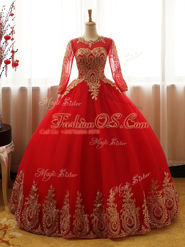 Stylish Red Lace Up Scoop Appliques Quinceanera Dress Organza Long Sleeves