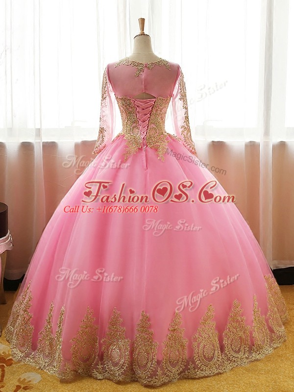 Stylish Red Lace Up Scoop Appliques Quinceanera Dress Organza Long Sleeves