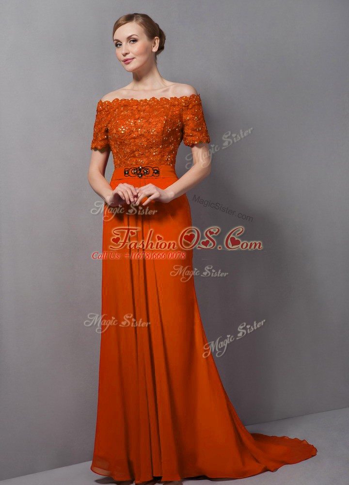 Short Sleeves Chiffon Sweep Train Zipper Mother Of The Bride Dress in Orange with Lace