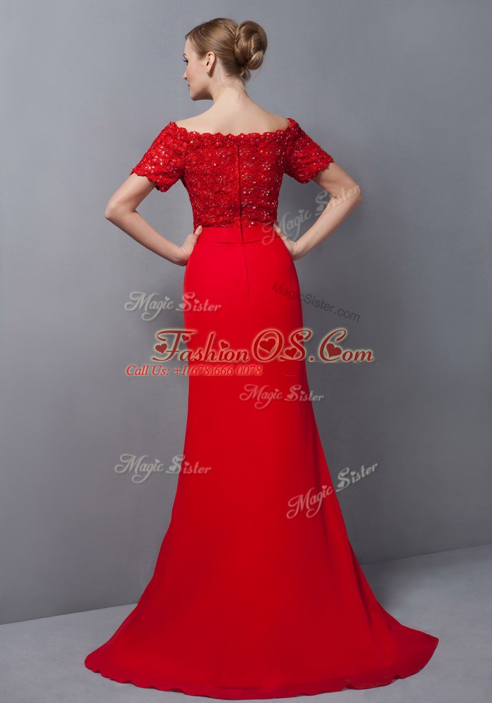 Short Sleeves Chiffon Sweep Train Zipper Mother Of The Bride Dress in Orange with Lace
