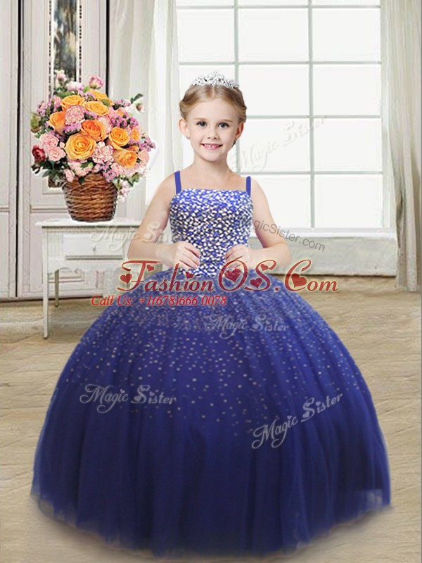 Luxurious Beading Little Girls Pageant Dress Wholesale Royal Blue Lace Up Sleeveless Floor Length