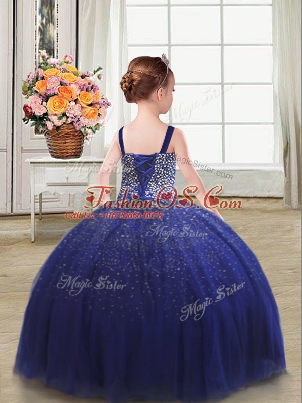 Luxurious Beading Little Girls Pageant Dress Wholesale Royal Blue Lace Up Sleeveless Floor Length