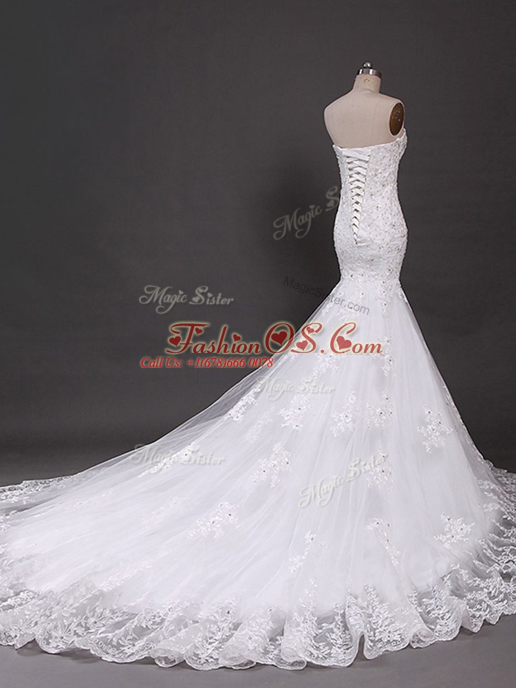Luxurious White Mermaid Tulle Sweetheart Sleeveless Lace Lace Up Wedding Gown Court Train