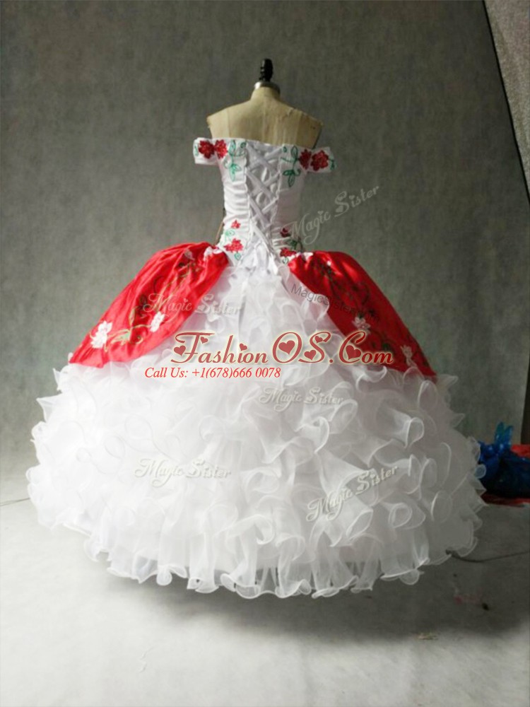 Multi-color Ball Gowns Embroidery and Ruffles 15th Birthday Dress Lace Up Organza and Taffeta Cap Sleeves Floor Length