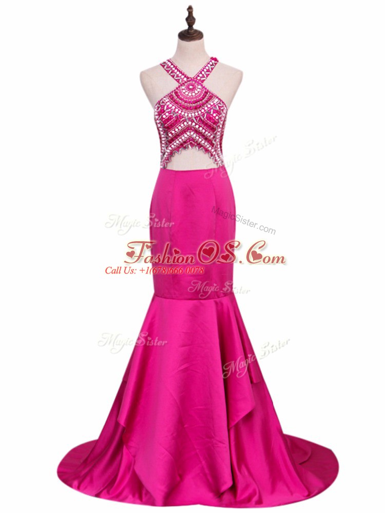Attractive Hot Pink Mermaid Elastic Woven Satin V-neck Sleeveless Beading Backless Prom Party Dress Brush Train